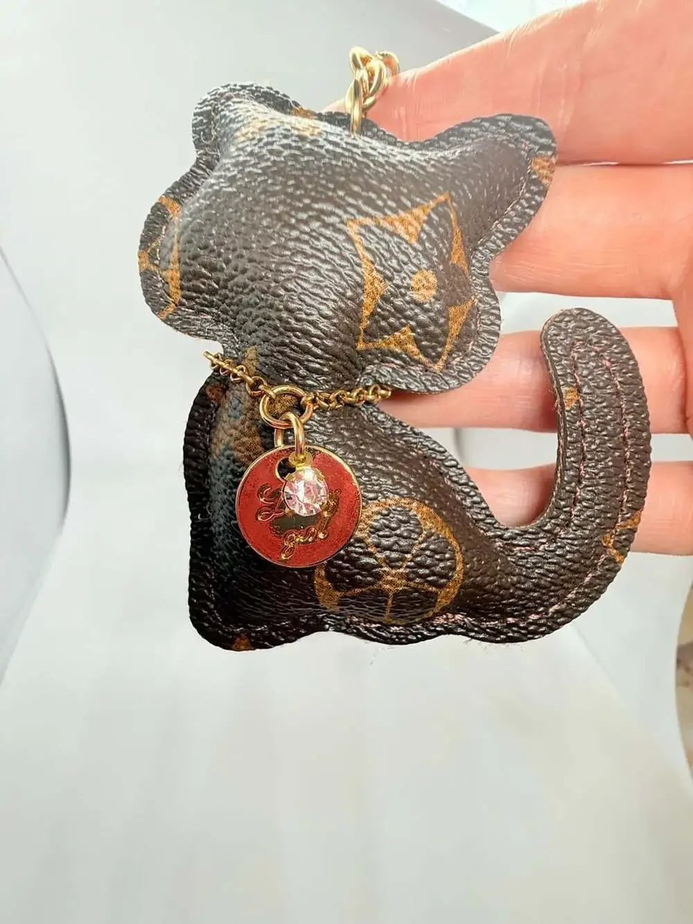 Unbranded Cat Keychain Monogram PU Leather Tassel Pendant Brown